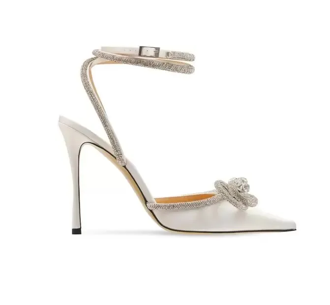 Satin dubbla båge höga klackar sandaler kristall utsmyckning kristall sten skor spole fin mode elegant kvinnor ny stil lyxdesigner slingback
