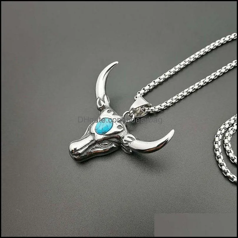 Pendant Necklaces Punk Retro Stainless Steel Turquoises Tau Bull Head Pendants For Men Rock Jewelry Drop