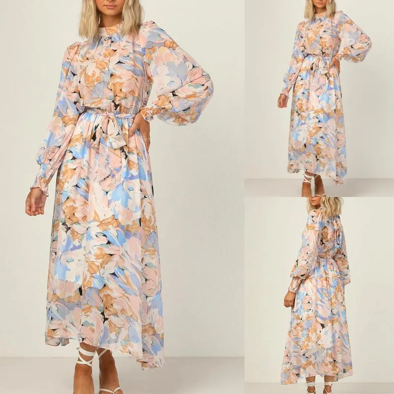 Casual Dresses Cute For Women Summer Women's Dress slips Neck Flower Printed långärmad lös maxi -montering av kvinnor