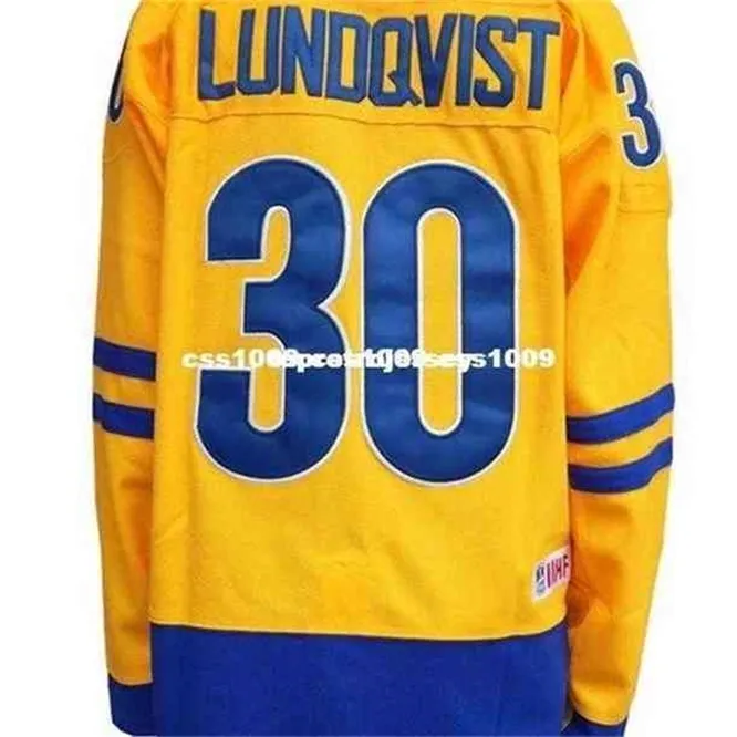 CEUF #30 Suécia barata atacado Henrik Lundqvist Copa do Mundo de Hóquei Jersey Amarelo costure