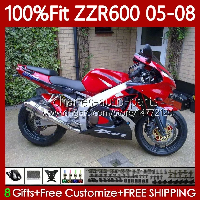 Corpo OEM adatto al 100% per KAWASAKI NINJA ZZR-600 600 CC 600CC 05-08 Carrozzeria 134No.184 rosso di fabbrica ZZR 600 ZZR600 05 06 07 08 2005 2006 2007 2008 Kit carenatura per stampi ad iniezione