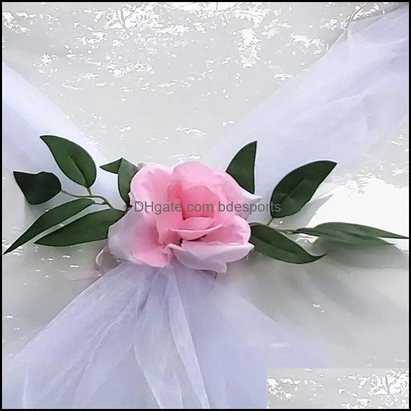 Decorative Flowers & Wreaths 2pcs 160cm DIY Artificial White Wedding Car Decor Door Handle Ribbons Silk Corner Flower Galand With Tulle