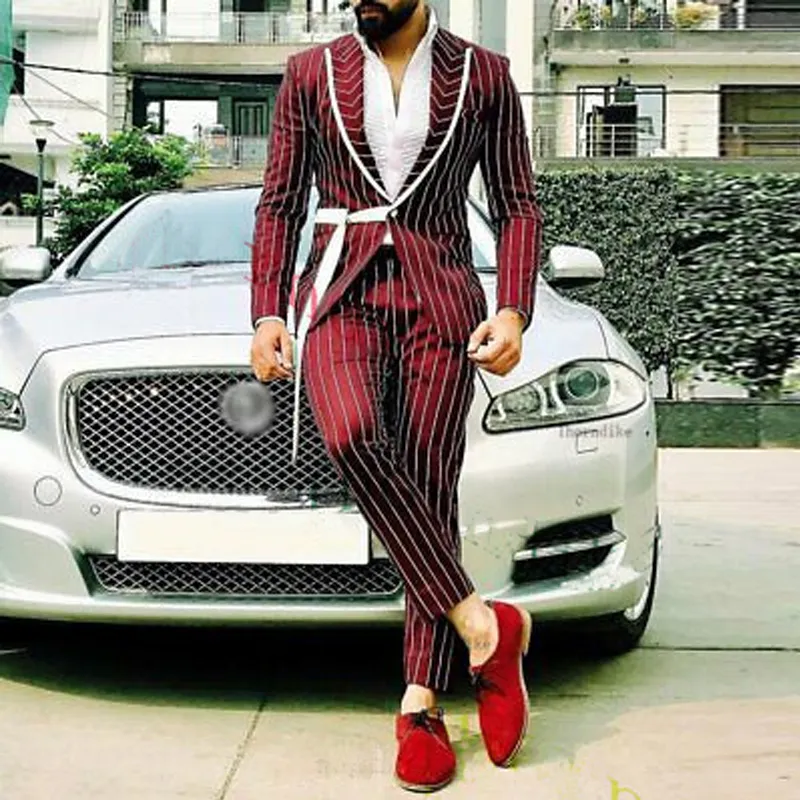 Burgundy Stripe Wedding Suit Two Pieces Slim Fit Prom Tuxedos Pinstripe Blazer and Pants Peaked Lapel