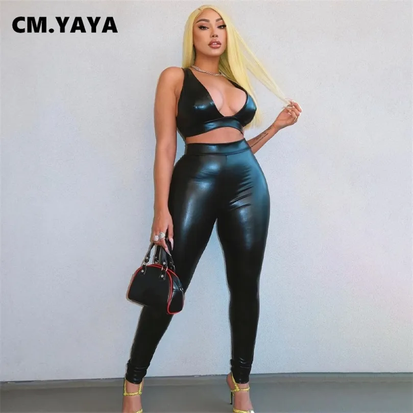 CMYAYA Spring Summer Faux Leather PU Women Sets Bra Crop Top en broekpakken Tracksuits Tweedelige sets Outfits Sports Suit 210302