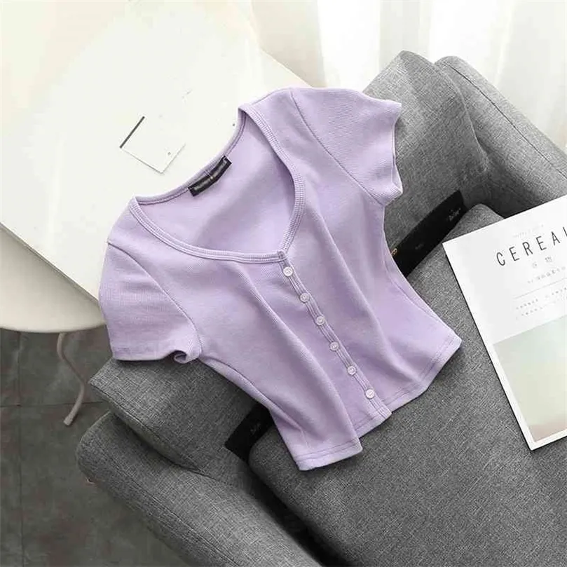 Slim Girls Soft Knit Bomb Short Blouses Summer Fashion Lets Fashion Eleganckie guziki Krzyki Kobiety Kobiety Chic 210326
