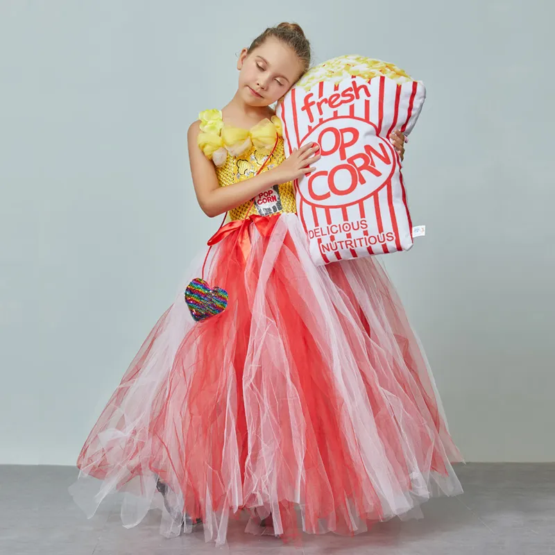 Circus Popcorn Girl Tutu Dress Carnival Birthday Party Wedding Flower Sequin Ball Gown Costume Kids Pop Corn Food Tulle Dress (4)