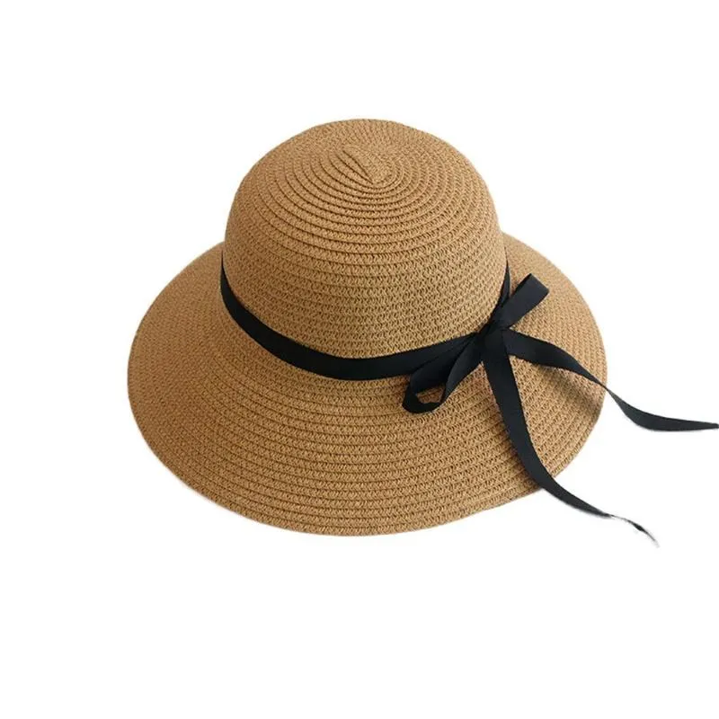 Wide Brim Hats Simple Summer Parent-child Beach Hat Foldable Casual Panama Bowknot Straw Cap Girls Sun Fashion ProteWide