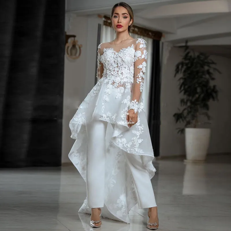 Apliques florais modestos bainha vestidos de noiva Frente Curto Pants Longo Vestido de Noiva Back Back Robe de Mariage