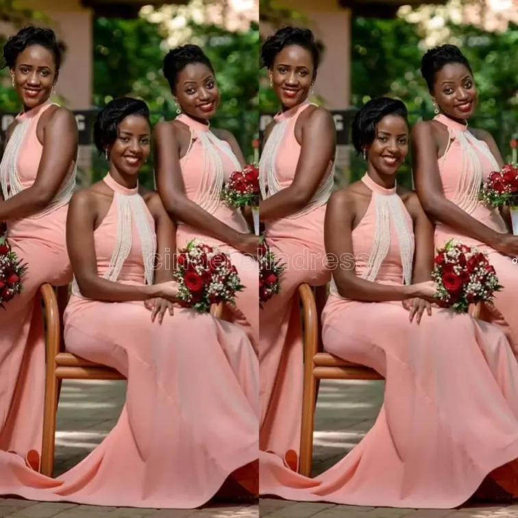 2022 African Blush Pink Mermaid Coral Pink Bridesmaid Dresses With Pearls Halter Neck Perfect For Wedding Guests Plus Size Maid Of Honor From Topbriliant2020 97.44 DHgate.Com