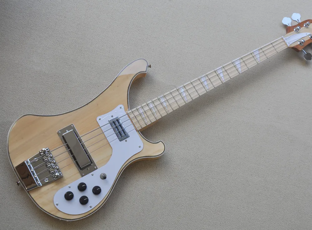 Natural wood body 4 Strings Electric Bass guitar with Maple Fretboard White Pickguard Chrome Hardware Neck through body Provide customized services