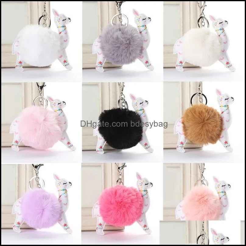 keychains artificial fur pompom keychain fluffy ball cute alpaca leather animal keyring charm chaveiros women jewelry