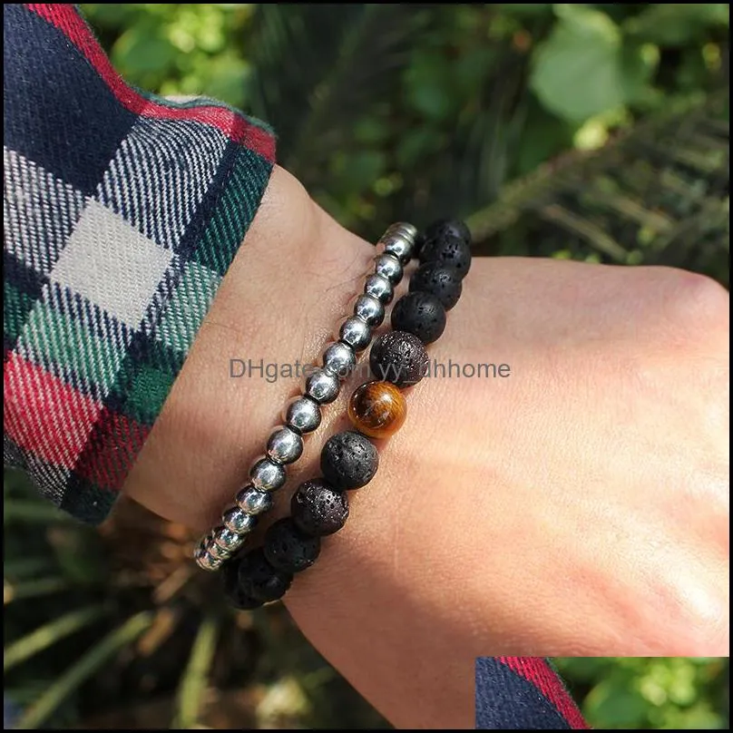 Fashion Men Lava Beads Bracelets Black Volcanic Rock Tiger Eye`s Beads Energy Stone Beads Handmade Buddha Prayer Beaded Bracelets for