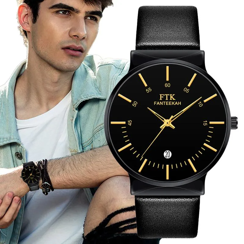 Avanadores de punho Men observa o calendário de moda de luxo, simplicidade de negócios, assista a Ultra Thin Pu Leather Leather Quartz Relloj Hombewristwa