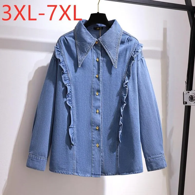 Dames plus size t-shirt dames lente herfst denim tops voor vrouwen grote lange mouwen losse katoenen ruches blauw shirt 4xl 5xl 6xl 7xlwomen's