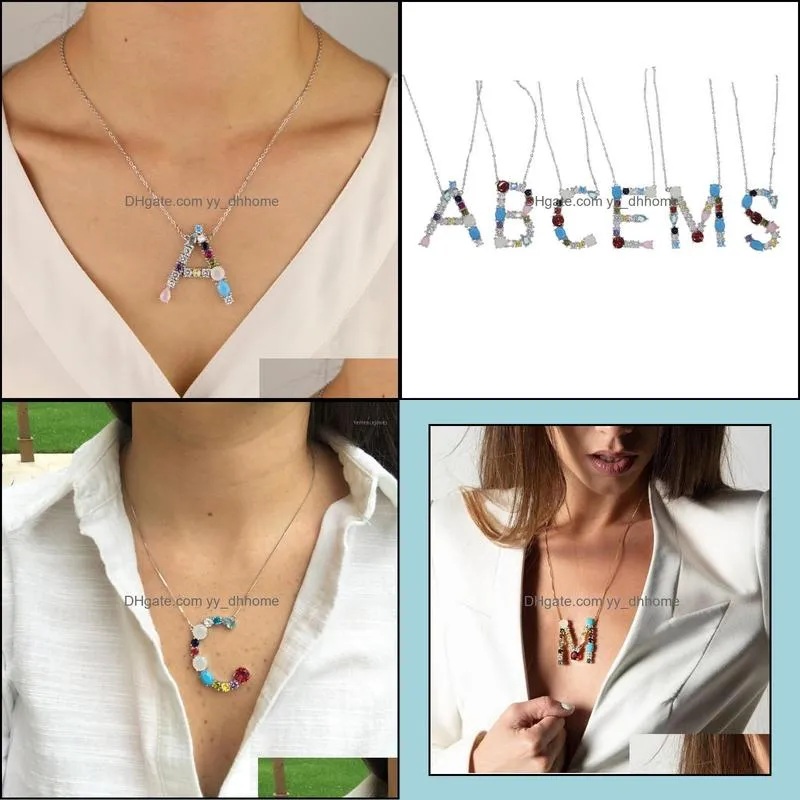 Chains Colorful Big Stone Multi Letter Alphabet Customize Name Initial Necklace Women Wedding Jewelry1