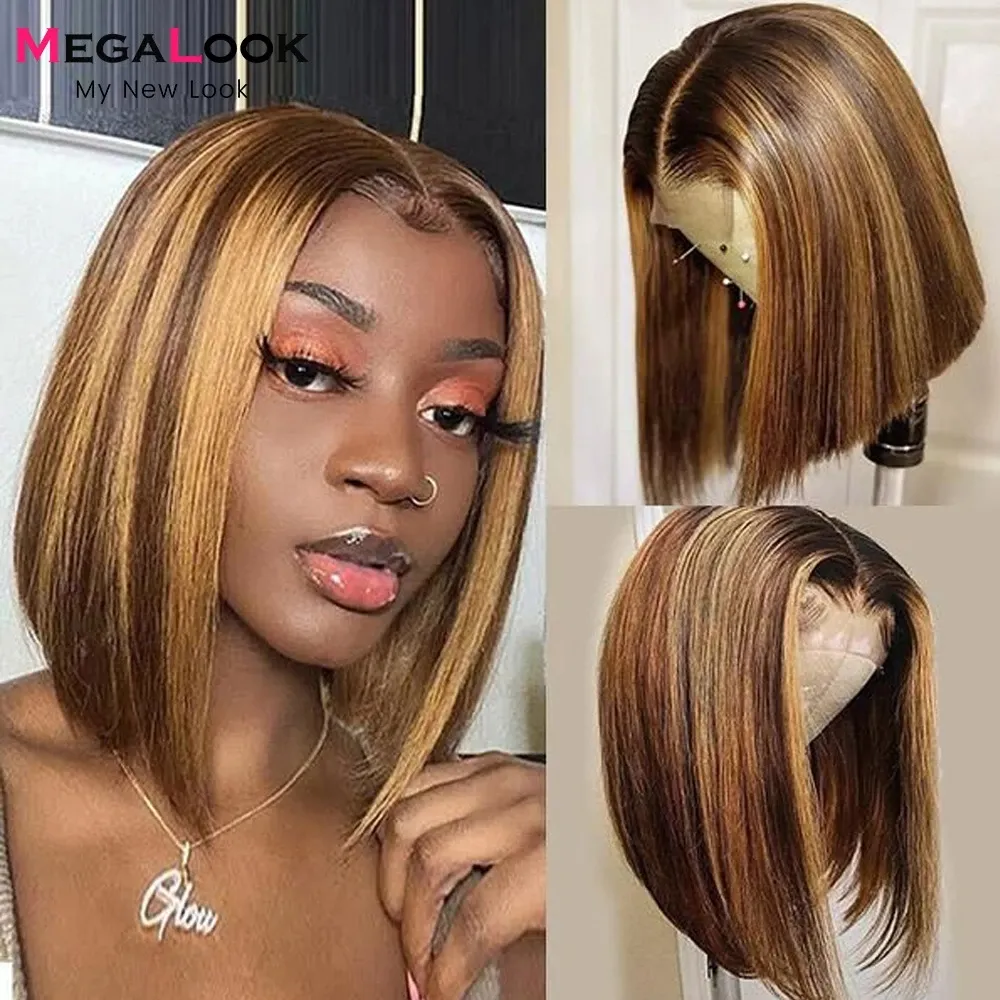 Highlighted Brown Short Bob Wig Straight Lace Frontal Wigs For Black Women Synthetic Closure Wigs Daily Party