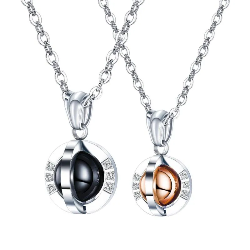 Pendentif Colliers Mode Couple Collier En Acier Inoxydable Boule Rotative Zircon Accessoires Bijoux Pour Femmes Hommes Saint Valentin CadeauPendentif