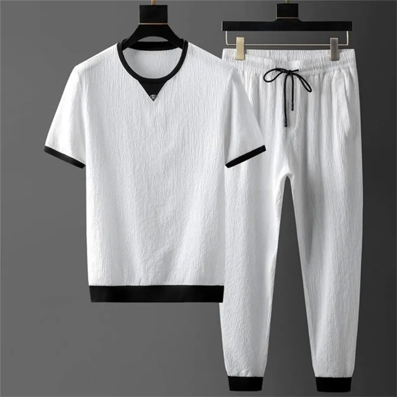 Erkekler Setler Yaz Kısa Kollu Üstler Elastik Bel Pantolon Giysileri İki Parçalı Set Kore Sokak Giyim Takip Büyük Boyut 220708