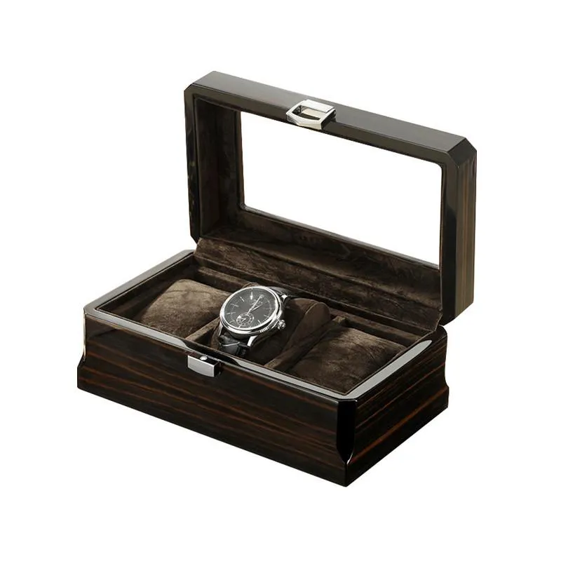 Uhrenboxen Hüllen Schwarz Luxus Holzmaserung Box 3 Slots Männer Quarz Mechanische Sammlung AufbewahrungsboxUhr