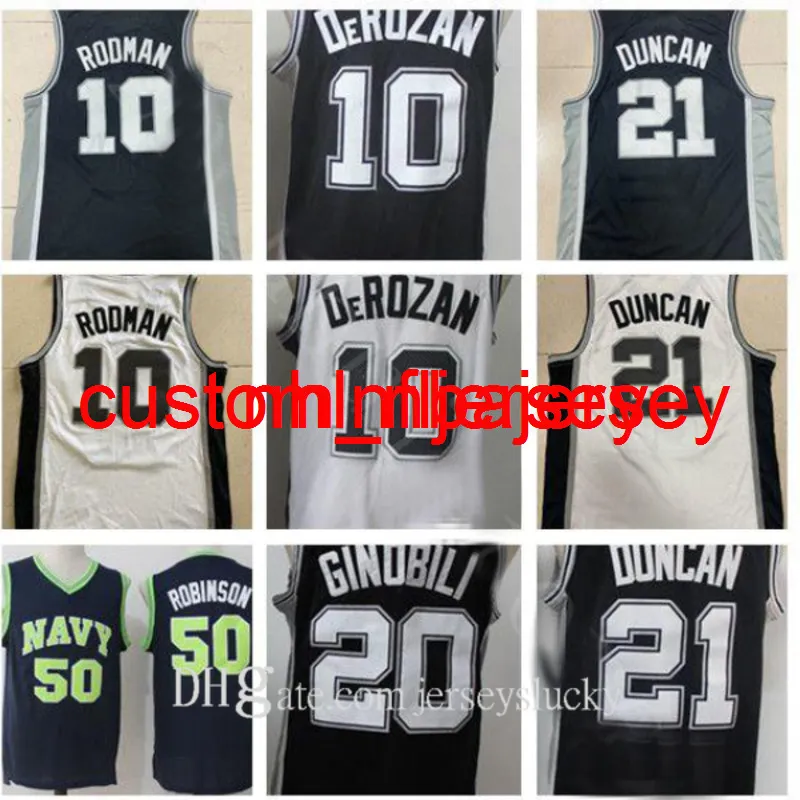 Vintage Mens Retro Classic David 50 Robinson Tony 9 Parker Manu 20 Ginobili Basketball Jersey Noir Blanc Gris DeMar 10 DeRozan Haute Qualité S-XXL