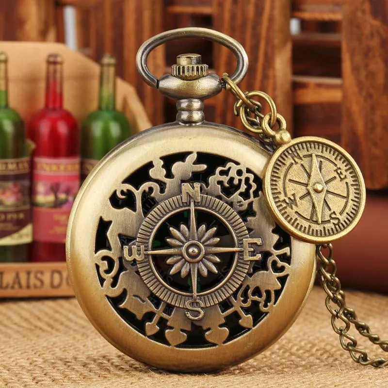 Карманные часы бронзовый полый рисунок винтажный компас красный и белый циферблат цепь ожерелья с AccessyPocket Watchspocket