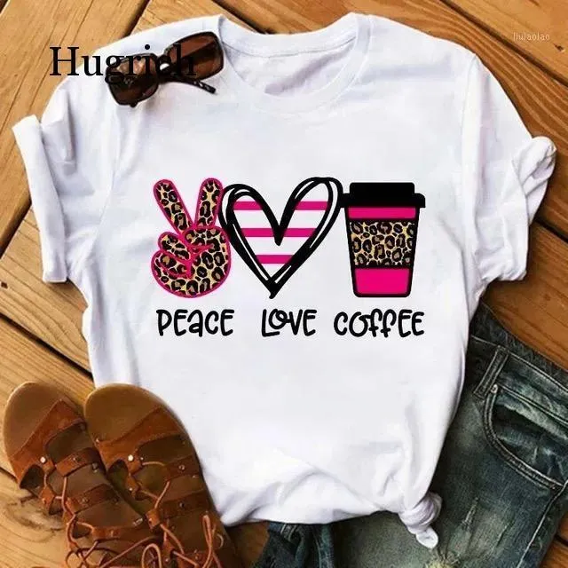 Mode Frau 2022 Tops T-shirt Leopard Frieden Liebe Kaffee T-Shirt Casual Oansatz Sommer Weibliche T Shirts Frauen frauen
