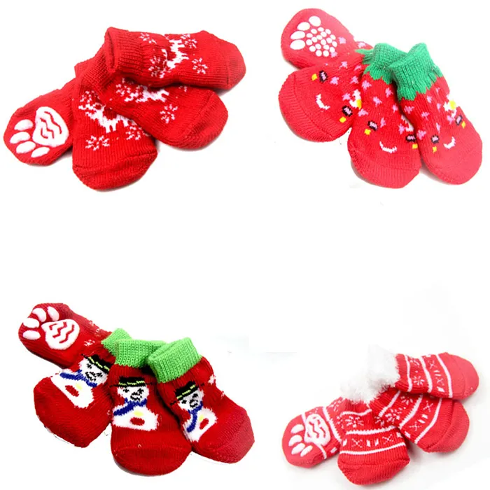 4pcs/Set Sonbahar Kış Evcil Köpek Kıyafetleri Noel Socks Anti-Slip Örme Küçük Köpekler Ayakkabı Kalın Sıcak Pençe Koruyucu Sevimli Köpek Kedi Kapalı Giyim