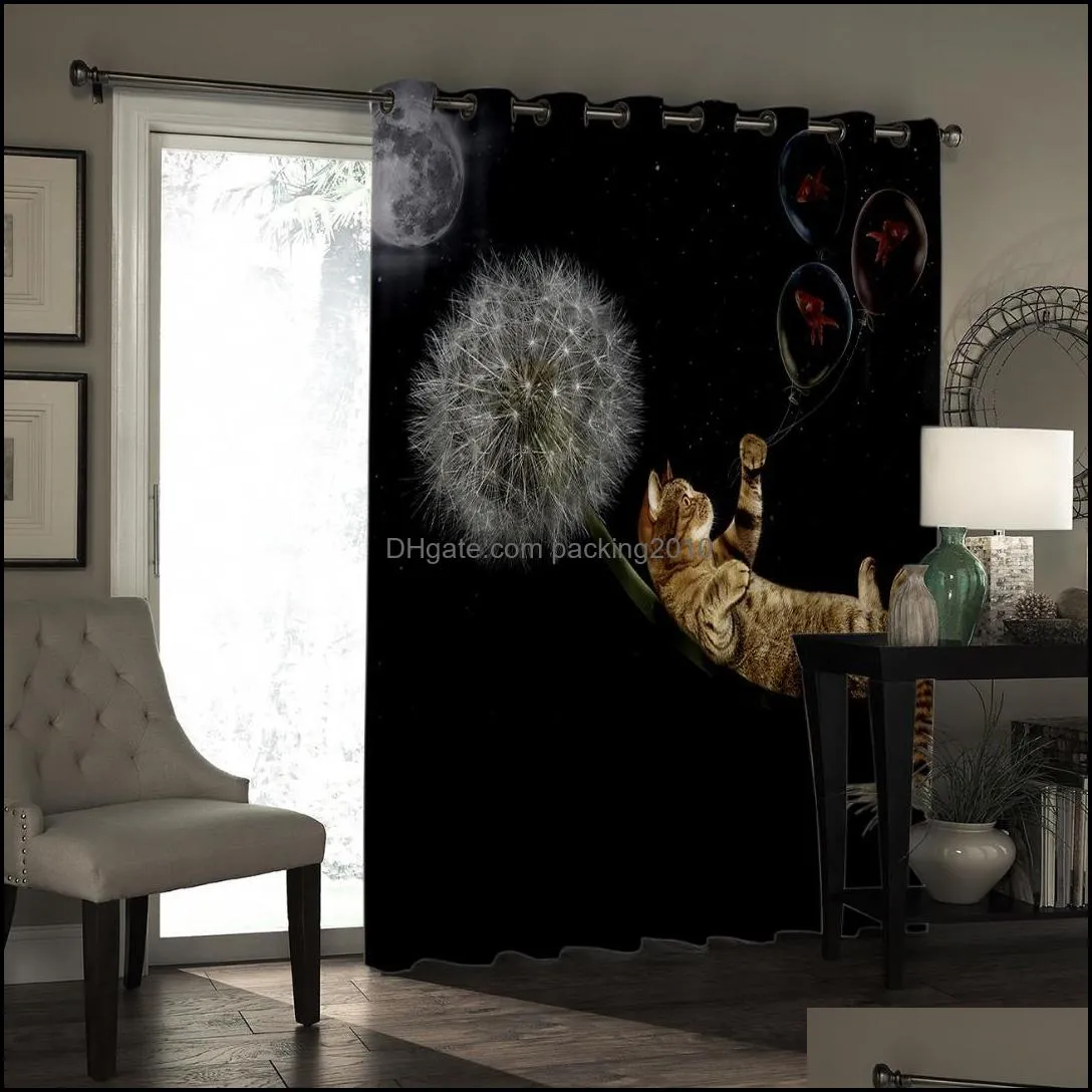 Dandelion cat Room Curtains Large Window Living Room Blackout Fabric Curtain Panels With Grommets Party Decoration Window