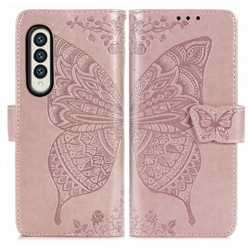 3D Flower Butterfly Pu Leather Case لـ Samsung Galaxy Z Fold 3 أضعاف 4 5G مع غطاء محفظة فتحات البطاقة