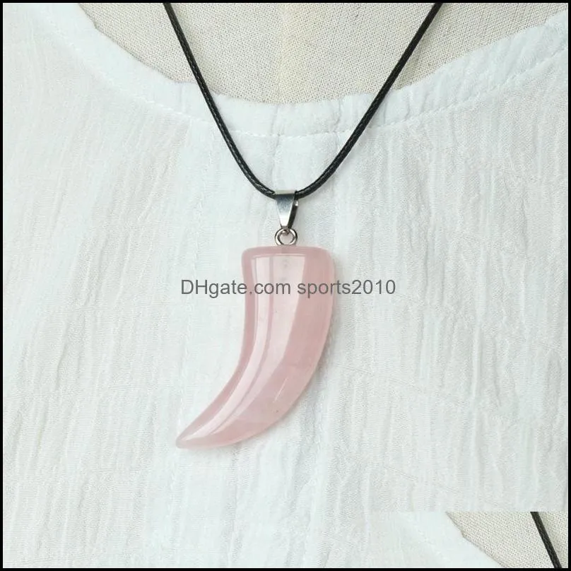 natural stone gem carved ox horn shape pendant rose quartz crystal jade onyx necklace healing guardian jewelry for men rope sports2010