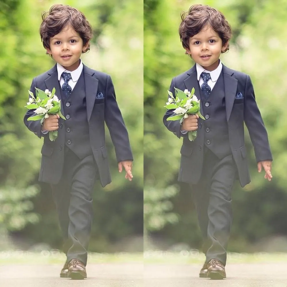 Dark Navy Blue Ring Bearer Anzüge Jungen Hochzeitsanzüge 2022 Prom -Anzüge Kinder formelle Trage Tuxedos 3 Stück Set Set