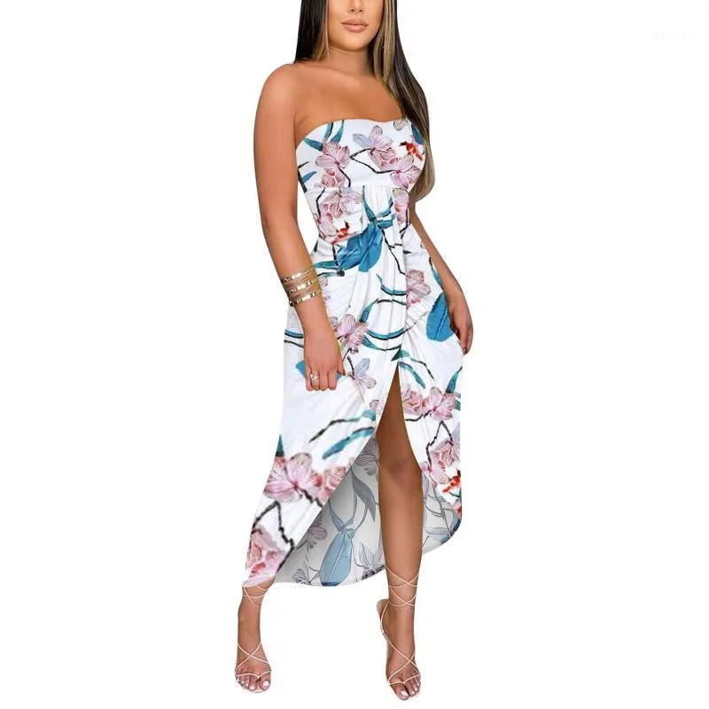 Casual jurken zomer dames strapless bandeau bloemenprint boho long maxi jurk buis zonsondergang sexy mouwloze rugloze s-xl