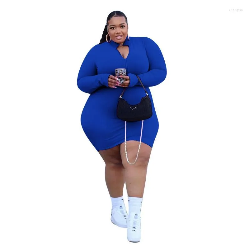 Plus Size Dresses XL-5XL Women Clothing Fashion Sexy Solid Color Long  Sleeve Zip Rib Mini Dress Ladies Outfit Wholesale DropPlus