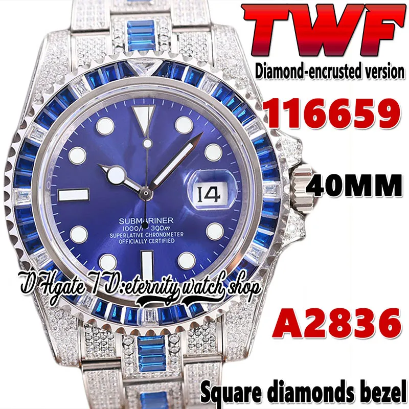 2022 TWF ey116619 t116659 A2836 Automatik-Herrenuhr i116649 Tiefblaue, quadratische Diamantlünette, blaues Zifferblatt, 904L-Stahl, vereisten Diamanten, zweifarbiges Armband, Ewigkeitsuhren