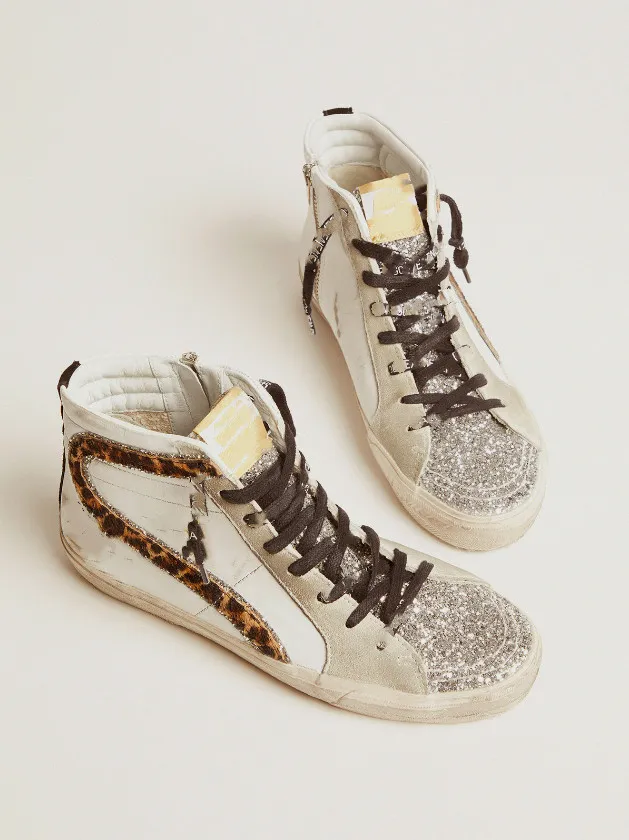 High Top Small Dirty Shoes Designer Luxury Italian Vintage Handmade paljetter och Leopard Print Glitter Slipper Sneakers xx