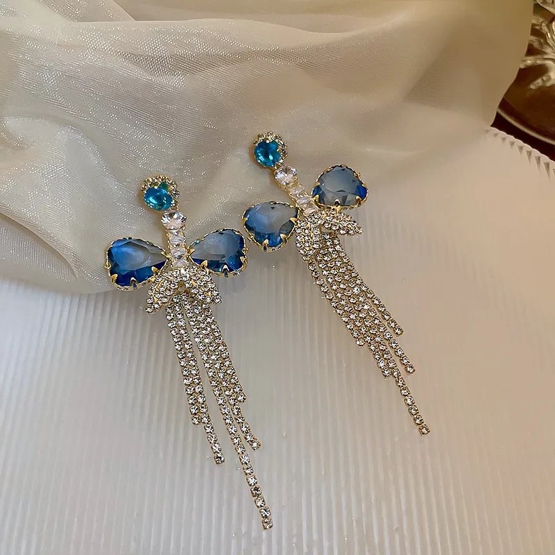 2022 Dangle & Chandelier Beautiful Blue Crystal Drop Tassel Earrings Personality Temperament New Fashion Pendientes