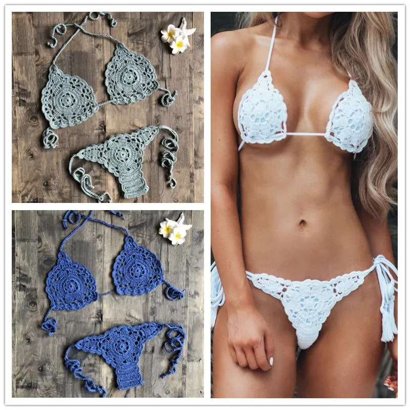 Womens Swimwear H80 S90 Single Layer Handmade Crochet Bikini Set Women Swimsuit Sexy Female Knit Bra Tie Side G-string Thong Beachwear