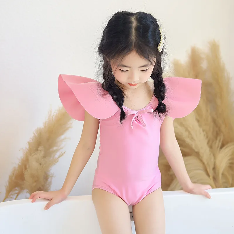 Children summer one-piece swimsuit fashion baby girls big Falbala collar Princess bikini swimwear cute bowknot Backless beach bathing suits S2105