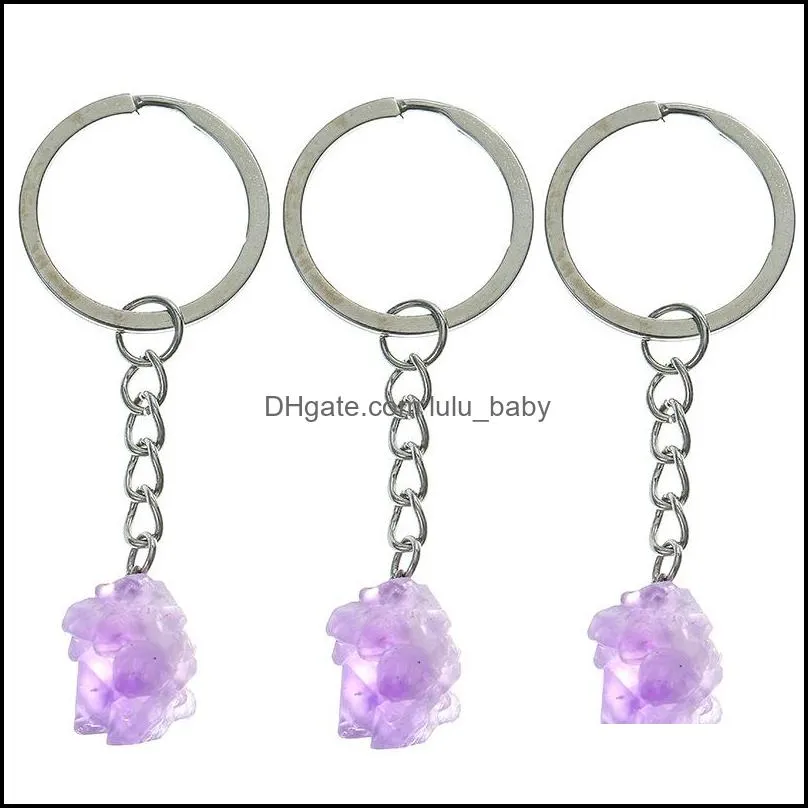 Natural Stone Amethyst Crystal Key ring KeyChain Pendant Keyrings Bag Accessories Jewelry