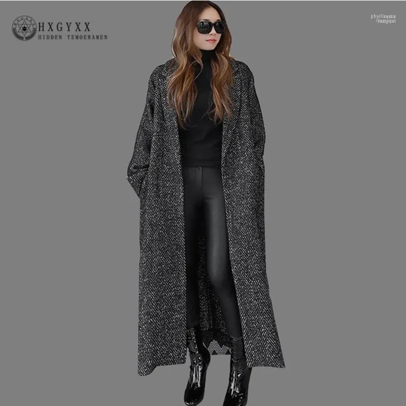 X-Long Antumn Winter HerringBone Casual Open Stitch Pockets Loose Wool Jacket Plus Size Cashmere Coat Woman Overcoat OKD5851 Phyl22