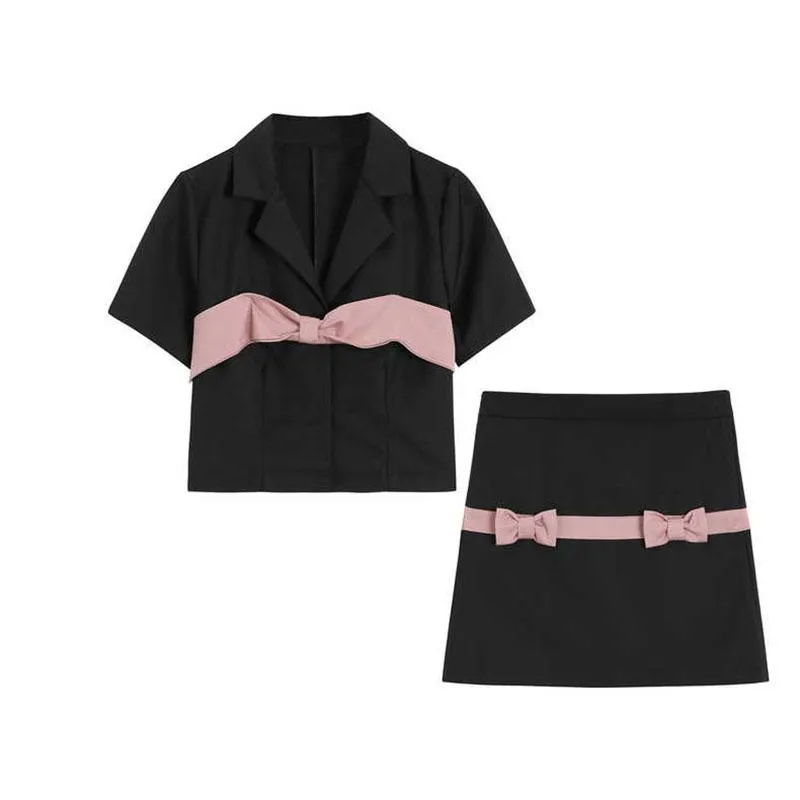 Vestidos de trabalho Saias de moda de verão Terno de colarinho marinho de arco tampos curtos de manga curta Mini saia de duas peças Sets Setswork