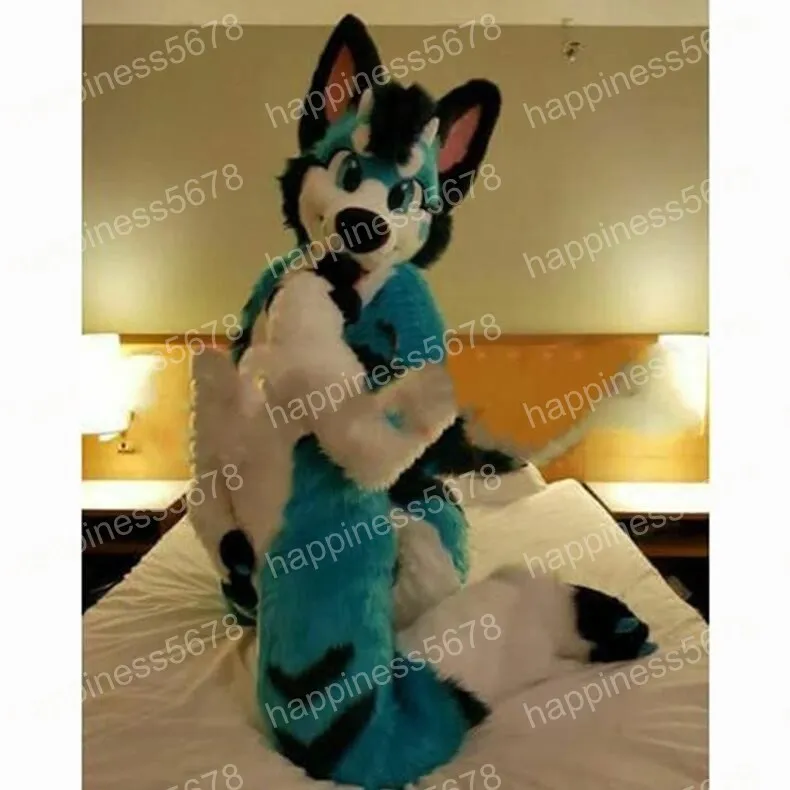 Costumes de mascotte de chien Husky Fox en fourrure longue bleue de haute qualité, tenue de personnage de dessin animé, costume d'halloween, taille adulte, fête d'anniversaire, robe de festival en plein air