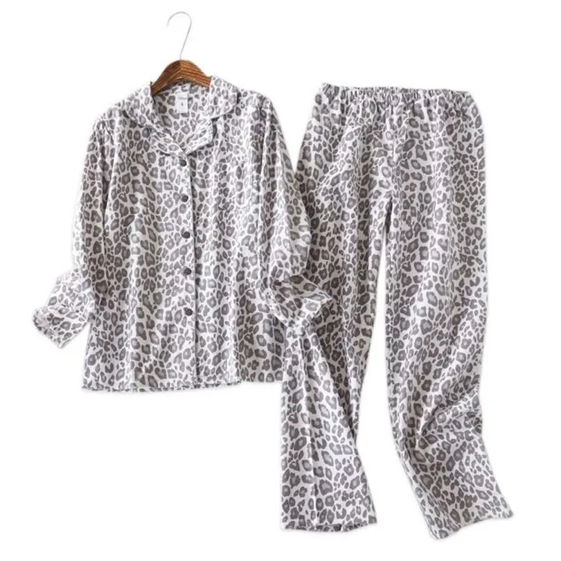 Vintage Leopard pajamas sets women 100% brushed cotton winter sleepwear women fashion flannelette pyjamas for women 211111