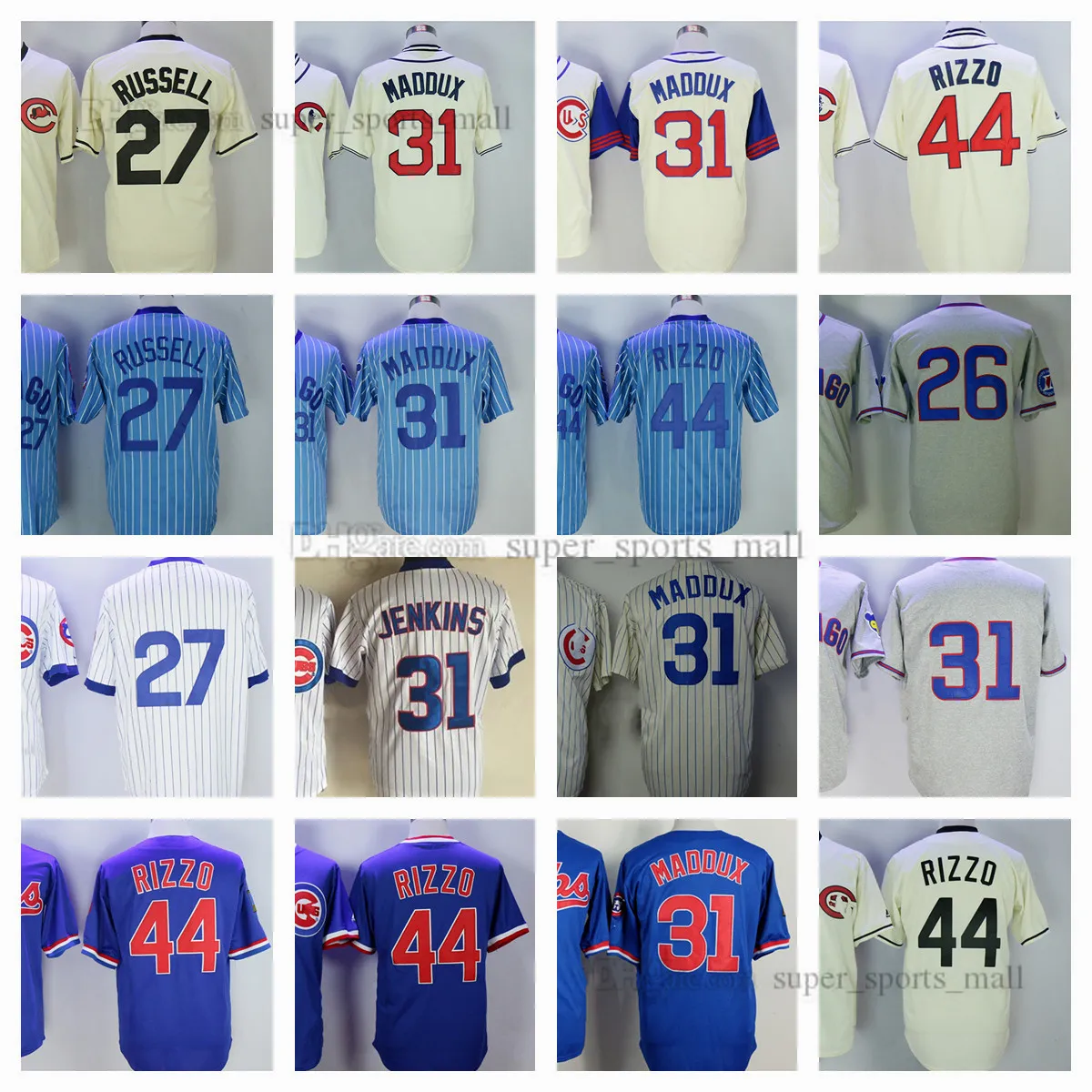 빈티지 야구 저지 26 Billy Williams 1968 27 Addison Russell 31 Greg Maddux 1994 44 Anthony Rizzo 스티치 유니폼 남성 여성 청소년 사이즈 S-XXXL