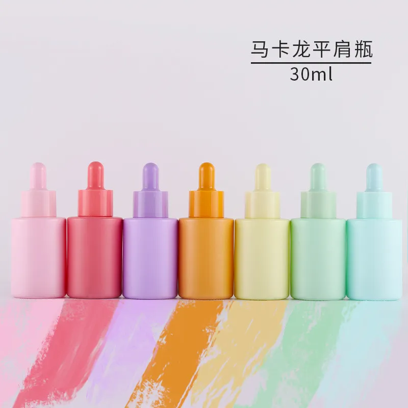 240 X 30ml Colorful Frosted Glass Macarons Flat Shoulder Essential Oil Drop Bottles 1oz Portable Refillable Cosmetic Packaging Jar