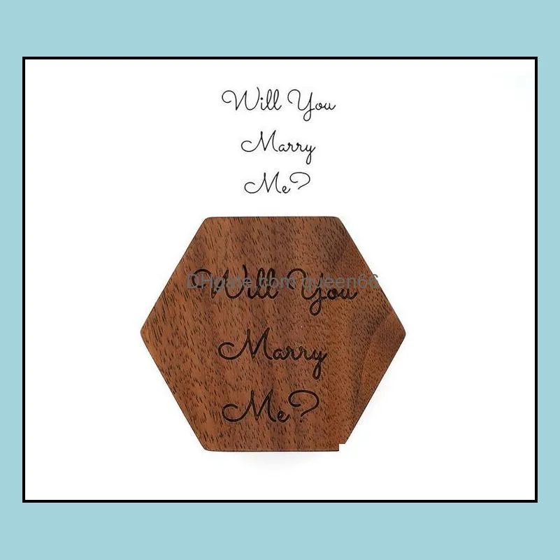 Pudełka biżuterii Opakowanie Wyświetlacz puste drewniane pudełko na drewniane pudełko Walnut Will You Mary Me Wedding Pierołówki Biżuteria Drop dostawa 2021 SVQNP