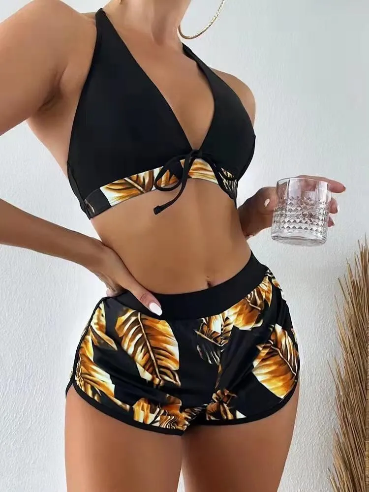 Damenbadebekleidung Drei Stücke Blattdruck Bikini Frauen Badeanzug mit Badeshorts Sommer Strand Badeanzug 2022 Set