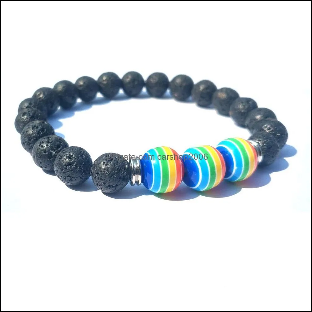 10mm rainbow striped 8mm black lava stone beads elastic bracelet essential oil diffuser bracelets volcanic rock beaded hand strings