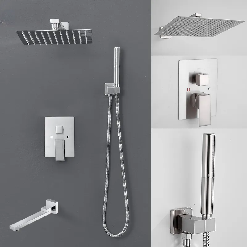 Nickel Brushed Rainfall Shower combo Sets with Handshower Concealed Bathroom Waterfall Faucets System Bathtub Mixer Taps ELS89N