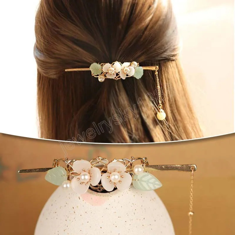 Chinese Style Metal Rhinestone Hair Chopsticks With Tassel, Pearl